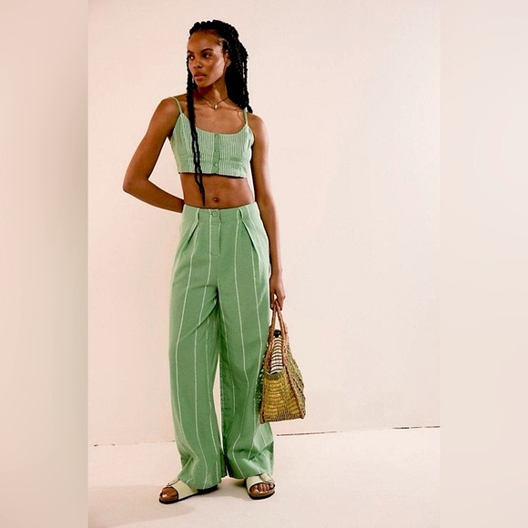 Free People Pants - FREE PEOPLE SET Casual Friday Green Stripe Pants & Tank Top